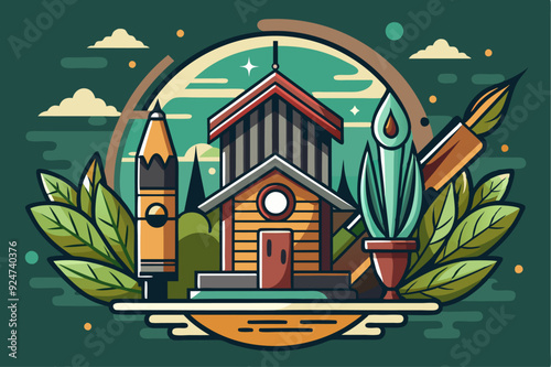 A Stylized House Surrounded by Art Supplies