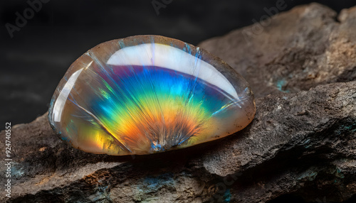 Detailed opal stone in volcanic rock, realistic gemstone with spectrum of colors, dark background