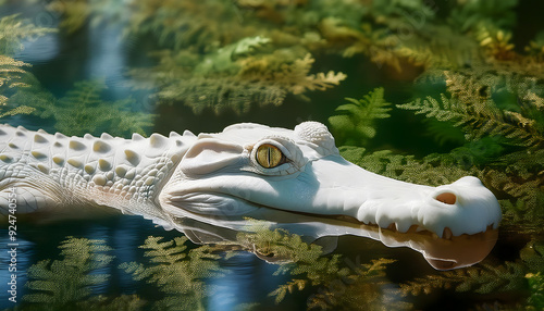 Rare albino alligator submerged in clear water, realistic and detailed nature photo with plants