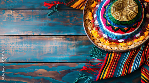 Hispanic Heritage month background. A Mexican sombrero hat and traditional pattern blanket on a blue wooden background.