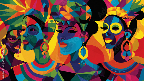 Hispanic Heritage month background. An abstract art of 4 Mexican women faces in traditional dresses for the festival celebration.