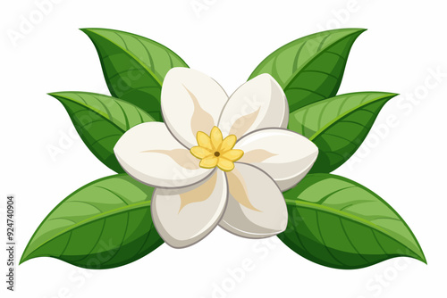 Single White Flower with Green Leaves