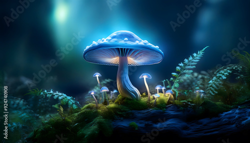 High-resolution bioluminescent mushroom in dark forest, eerie glow and detailed nature scene
