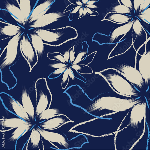 A Simple soft white flower print with hand drawn wild plants. floral pattern textile tropical bicolor flower and leaves mini print abstract patterns