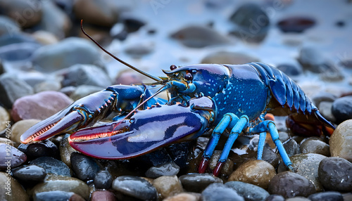 Realistic blue lobster with vibrant shell, high-resolution image on rocky shore background photo