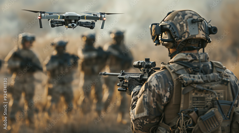 Soldier aiming rifle as drone hovers during a special forces mission in battlefield setting Soldier aiming rifle as drone hovers during a special forces mission in battlefield setting