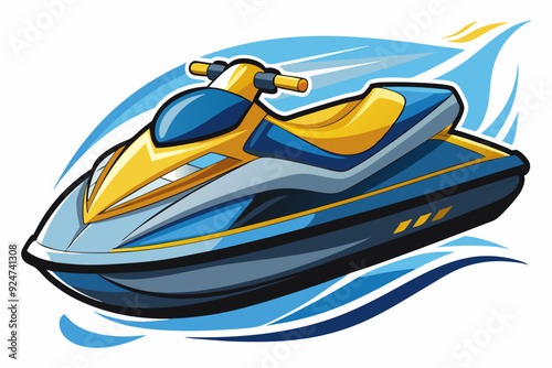 Cartoon Illustration of a Blue and Yellow Jet Ski