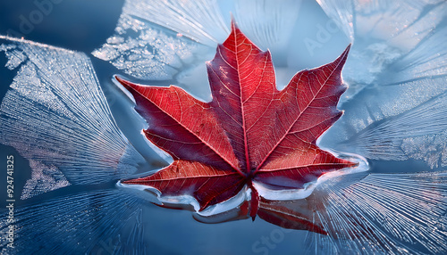Realistic red maple leaf in thin ice, high-resolution image of intricate leaf veins on pond