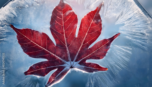 Vibrant red maple leaf frozen in clear ice on pond, realistic and high-detail nature close-up