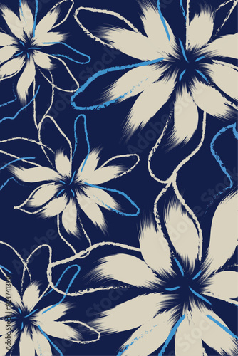 A Simple soft white textile tropical bicolor flower and leaves miniprint animal geometric textile clothes. and  flower print with hand drawn wild plants