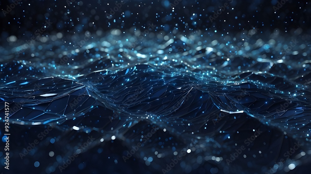 Digital wallpaper in an abstract dark blue color with deep blue patches and glittering blue light particles Particles condense into surfaces, grids, and lines. Digital wallpaper in an abstract dark blue color with deep blue patches and glittering blue light particles Particles condense into surfaces, grids, and lines.