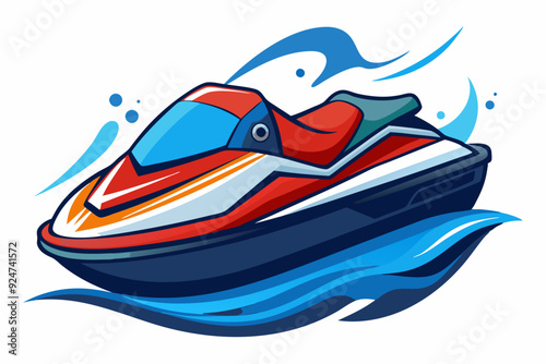 Red and Blue Jet Ski Speeding Through Waves
