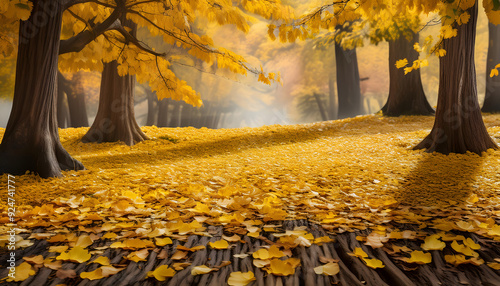Detailed ginkgo tree in serene autumn forest, realistic nature photo with vibrant yellow foliage