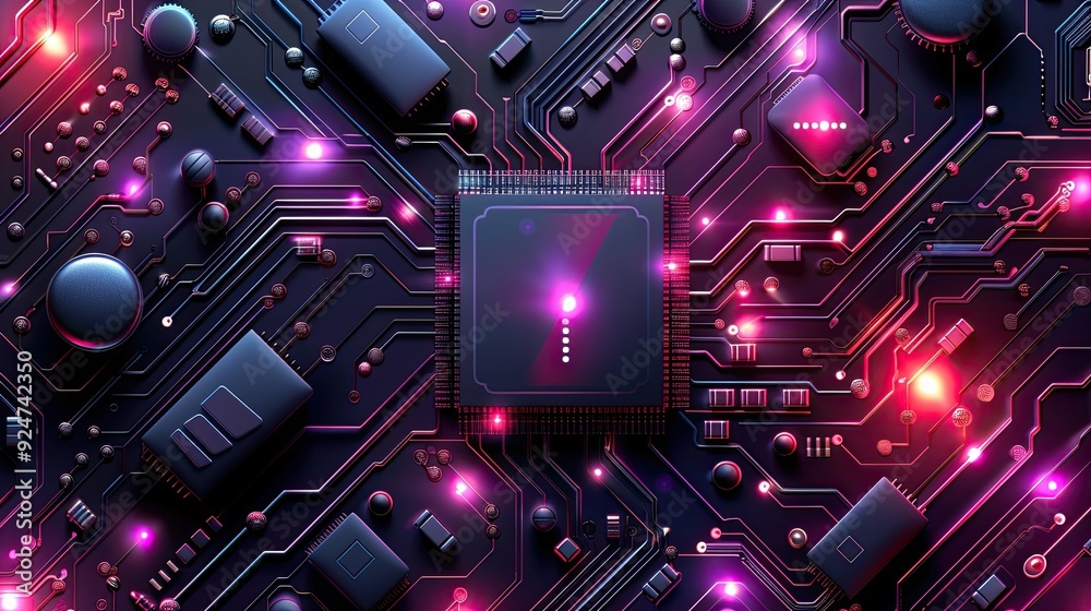 Circuit board microchips with pink and purple backlight. Nanotechnology sustainable background. Circuit board microchips with pink and purple backlight. Nanotechnology sustainable background.