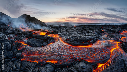 High-detail lava flow advancing across black rock, realistic photo with steam and glowing lava