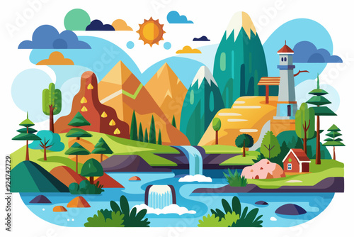 A picturesque landscape with mountains, waterfalls, a river, and a small house.
