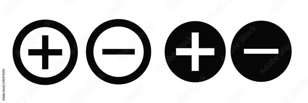 Obraz premium Round plus and minus icons set with different thicknesses. Vector.