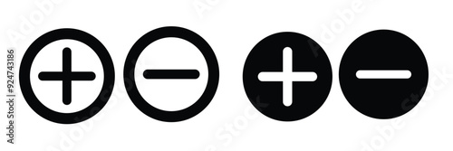 Round plus and minus icons set with different thicknesses. Vector.
