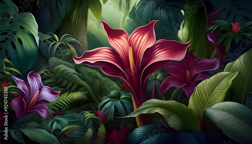 Closeup of vibrant pink and orange lilies with soft green leaves in a lush summer garden