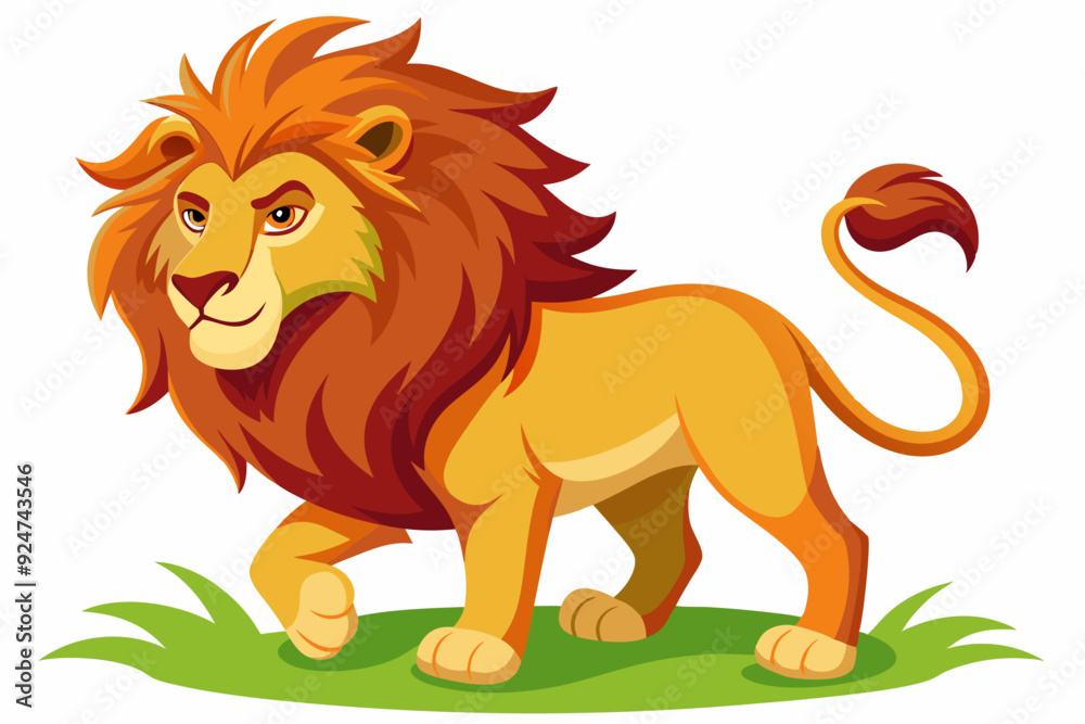 Fototapeta premium Cartoon Lion with a Red Mane Standing in Grass