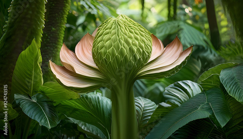 Realistic corpse flower in tropical jungle, high-resolution image with detailed plant structure