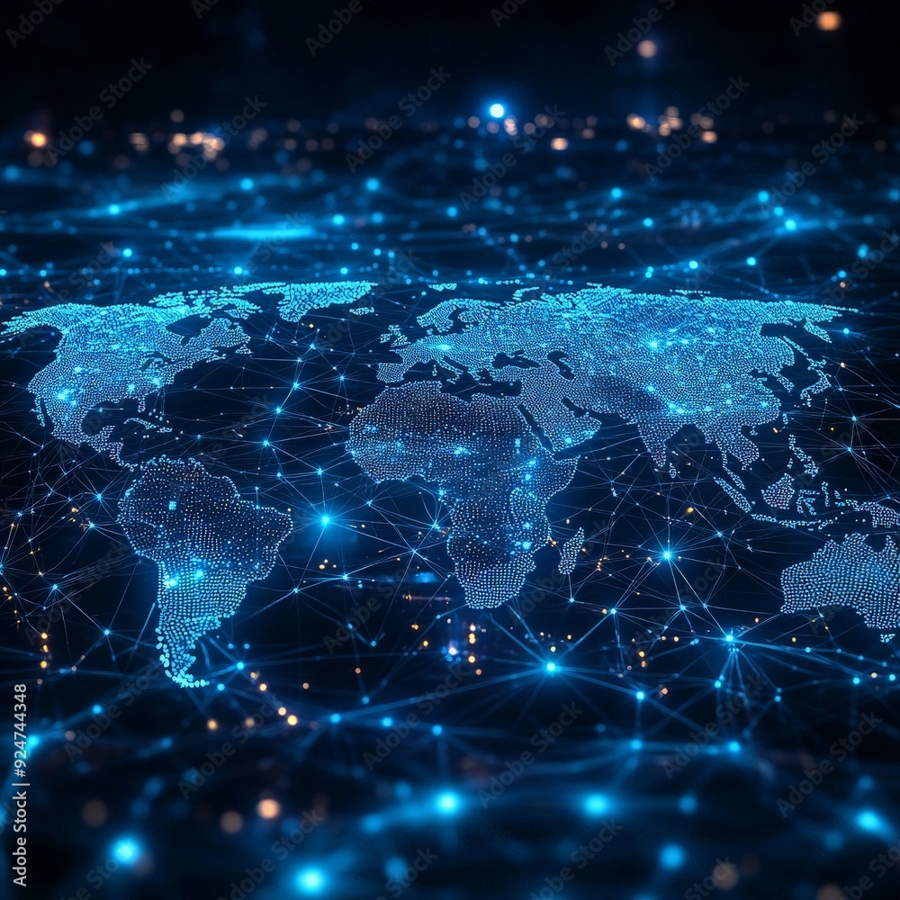 Digital Global Network Map in Cool Blue Tones Digital Global Network Map in Cool Blue Tones