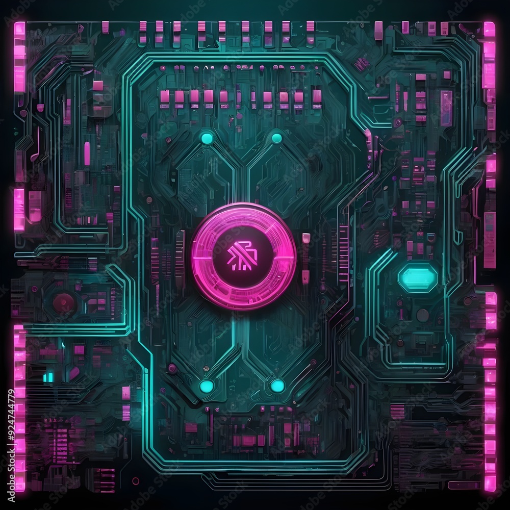 Cyberpunk Futuristic Circuit Board: Glowing Pink and Turquoise Tech Glyphs on Dark Metallic Surface, Ultra-Detailed Abstract Cyberpunk Futuristic Circuit Board: Glowing Pink and Turquoise Tech Glyphs on Dark Metallic Surface, Ultra-Detailed Abstract