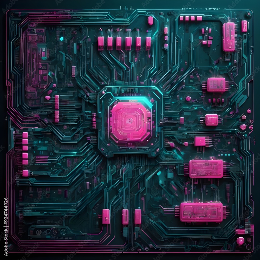 Fototapeta premium Cyberpunk Futuristic Circuit Board: Glowing Pink and Turquoise Tech Glyphs on Dark Metallic Surface, Ultra-Detailed Abstract