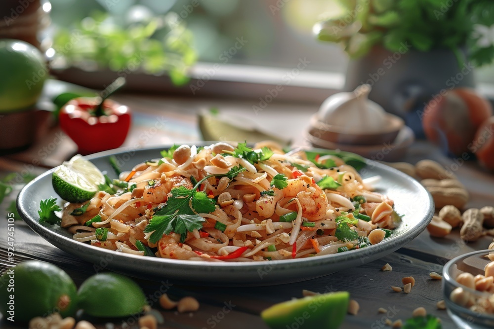 A vibrant plate of shrimp noodles garnished with herbs and lime, showcasing a delicious meal. A vibrant plate of shrimp noodles garnished with herbs and lime, showcasing a delicious meal.