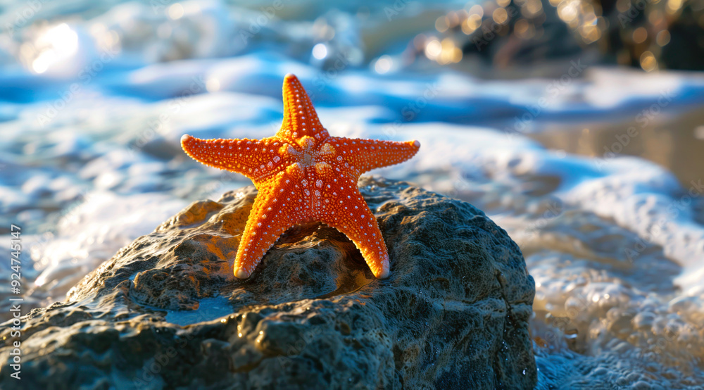 A striking orange starfish balances effortlessly on a rocky surface, with the foamy ocean waves gently lapping at the shores in the background, embodying marine life beauty along the coastline.