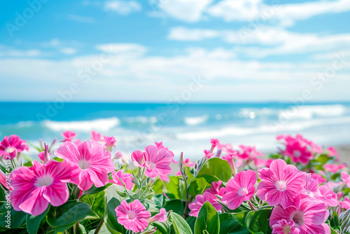 Wallpaper Mural A breathtaking view of vivid pink flowers in full bloom as they grace the foreground while the tranquil blue ocean and clear, radiant sky stretch out in the background, capturing the essence of a tra Torontodigital.ca