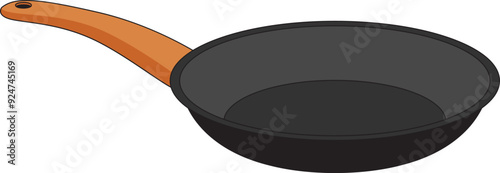 Black Frying Pan with Wooden Handle Illustration