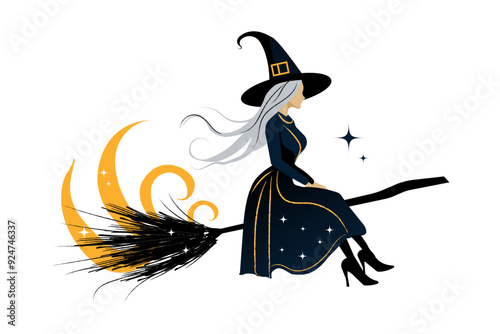 A beautiful slender girl in the form of a witch flies on a broom. Isolated design on white background. A separate design element for posters and banners for Halloween
