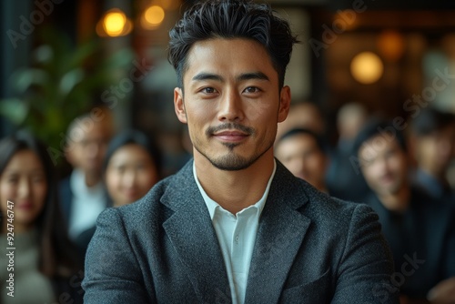 Young Asian entrepreneur giving a presentation in a modern office with diverse audience in the background