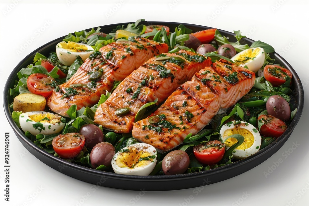 A vibrant platter of grilled salmon on a bed of greens with vegetables and eggs.