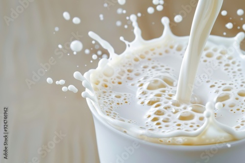 Milk being poured into a cup, creating a dynamic splash effect, symbolizing freshness, dairy products, and healthy nutrition. photo