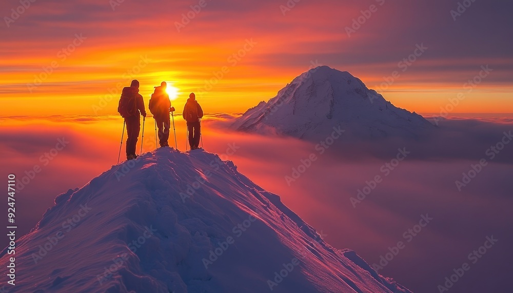 Fototapeta premium Hikers on Mountain Peak at Sunrise