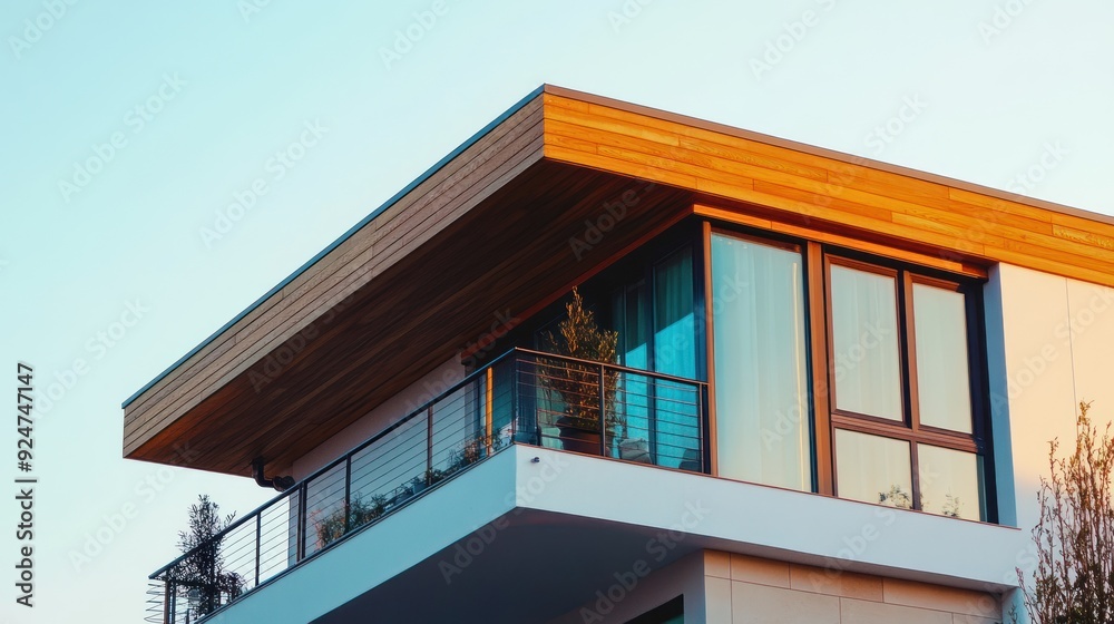 Modern home exterior with wooden eaves, balcony railing and large windows. Modern home exterior with wooden eaves, balcony railing and large windows.