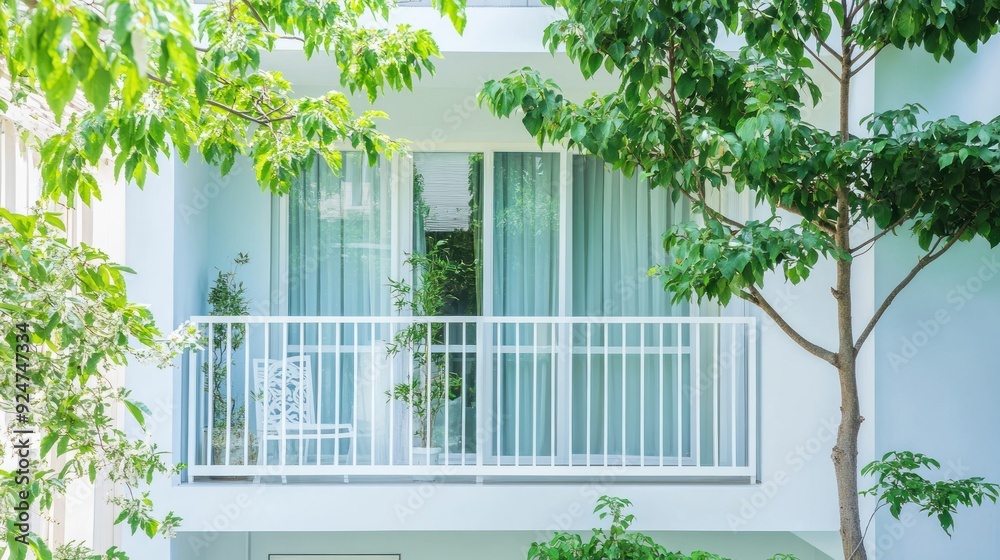 White balcony with glass door and white railing, green plants on either side, and white wall with green tree on the right side. White balcony with glass door and white railing, green plants on either side, and white wall with green tree on the right side.