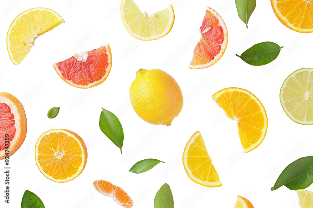 Various Citrus fruits lemon, limes with slices and green leaves from flat lay isolated on background, tropical healthy organic food. Various Citrus fruits lemon, limes with slices and green leaves from flat lay isolated on background, tropical healthy organic food.