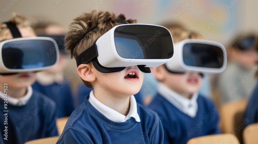 Children engage in virtual reality experience in classroom, exploring new technology and enhancing learning through immersive education. Children engage in virtual reality experience in classroom, exploring new technology and enhancing learning through immersive education.