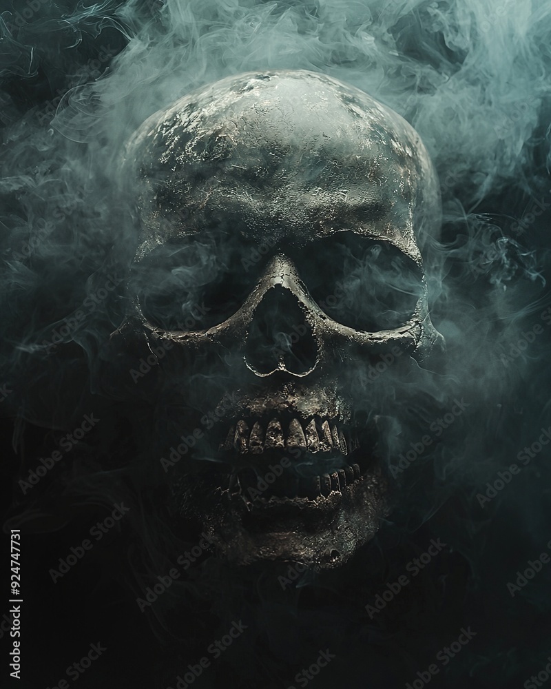 Human Skull surrounded by smoke over dark background. Generative Ai Human Skull surrounded by smoke over dark background. Generative Ai