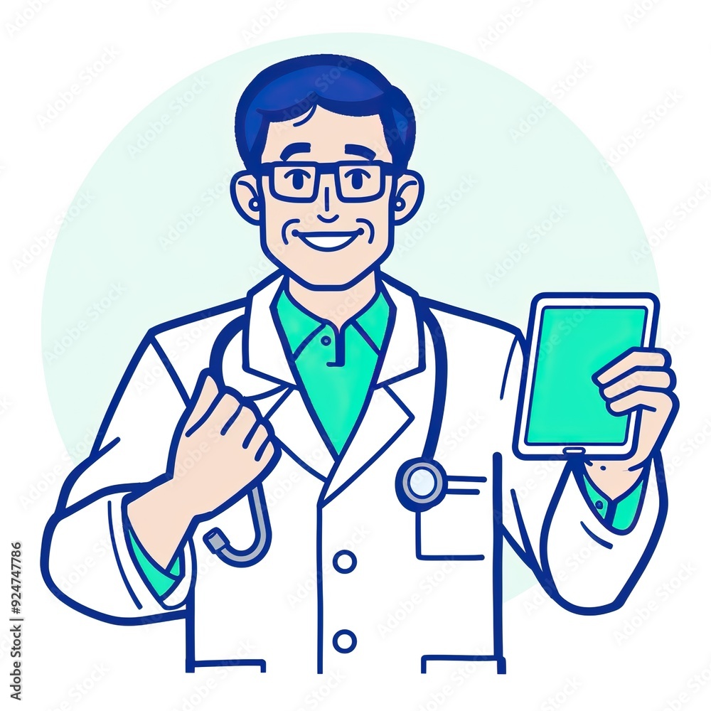 A doctor holding medical records and talking in a simple line drawing illustration A doctor holding medical records and talking in a simple line drawing illustration