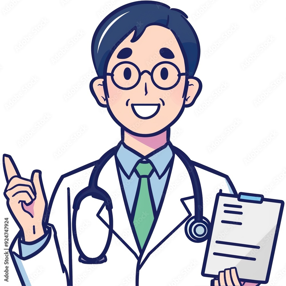 A doctor holding medical records and talking in a simple line drawing illustration A doctor holding medical records and talking in a simple line drawing illustration