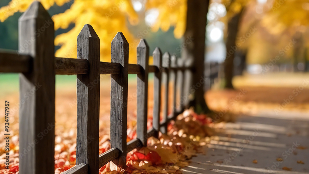 Rural road with wooden fence, autumn leaves and sunshine Rural road with wooden fence, autumn leaves and sunshine