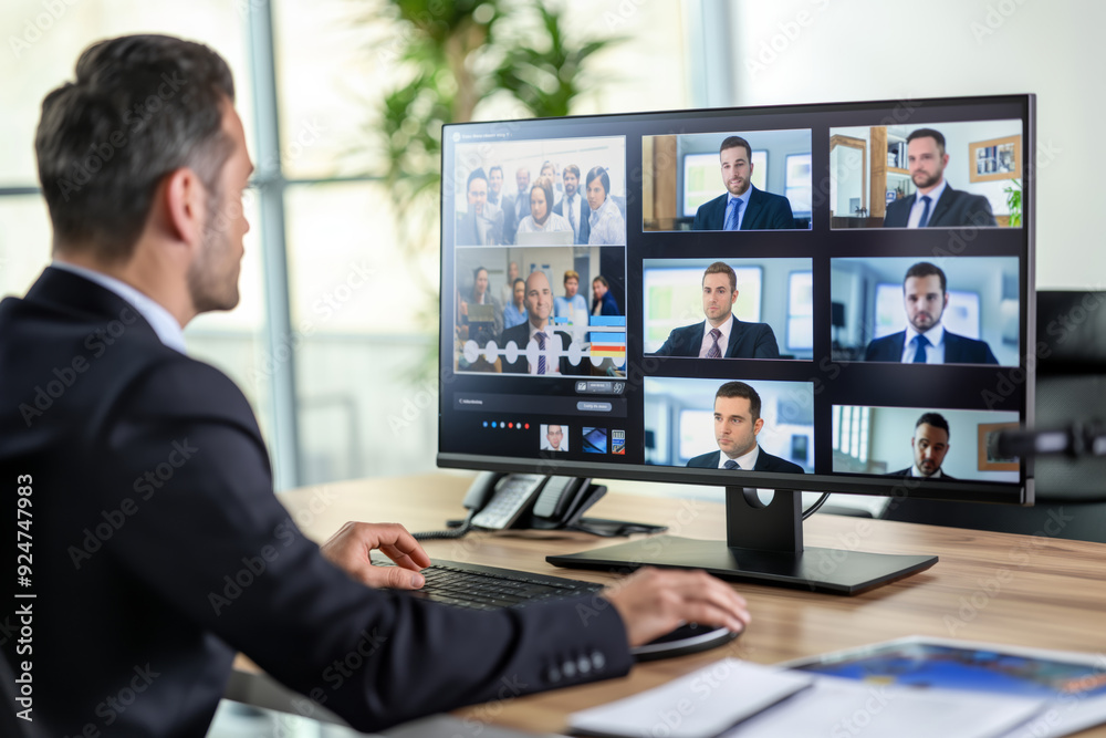 A man is sitting at a desk in front of a computer monitor with a group of people on the screen. He is wearing a suit and tie. Concept of professionalism and focus A man is sitting at a desk in front of a computer monitor with a group of people on the screen. He is wearing a suit and tie. Concept of professionalism and focus