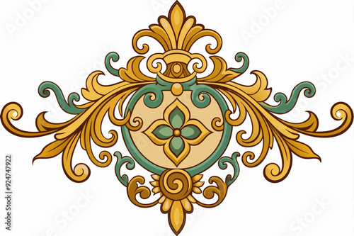 Ornate Gold and Green Floral Design with a Central Flower Motif