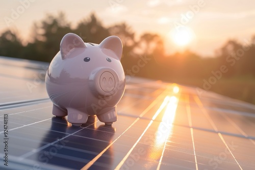 Piggy bank placed on solar panels under a sunset symbolizes renewable energy savings