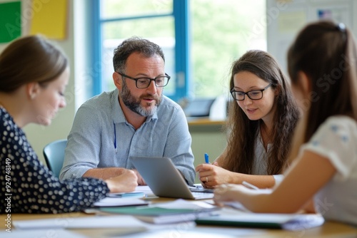 A group of teachers collaborating in a staff room, discussing lesson plans, with notebooks and laptops spread out on the table