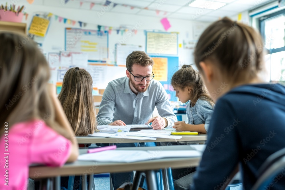 A classroom scene with students working on a group project, the teacher moving between desks, offering guidance